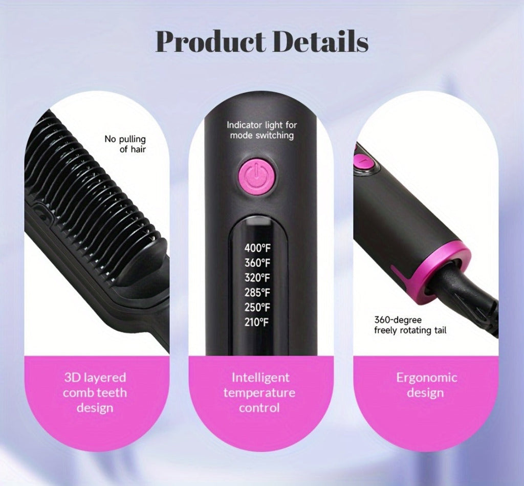 6-Setting Ionic Hair Straightener Brush with Fast Heat-Up & Anti-Scald Protection, for Home, Travel and Salon Hair Styling — 