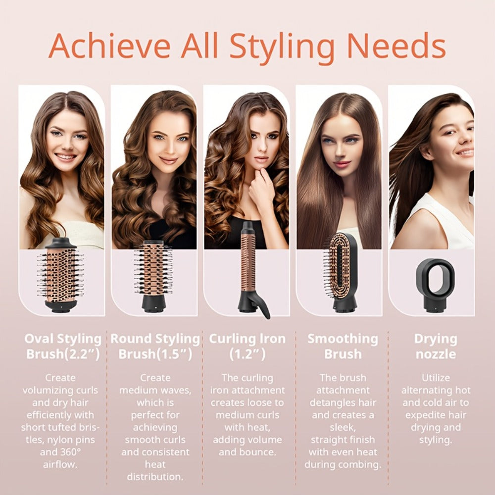 5-in-1 Hot Air Styling Comb Set Negative Ion Hair Dryer Brush with 5 Interchangeable Heads, for Home, Travel and Salon Hair S