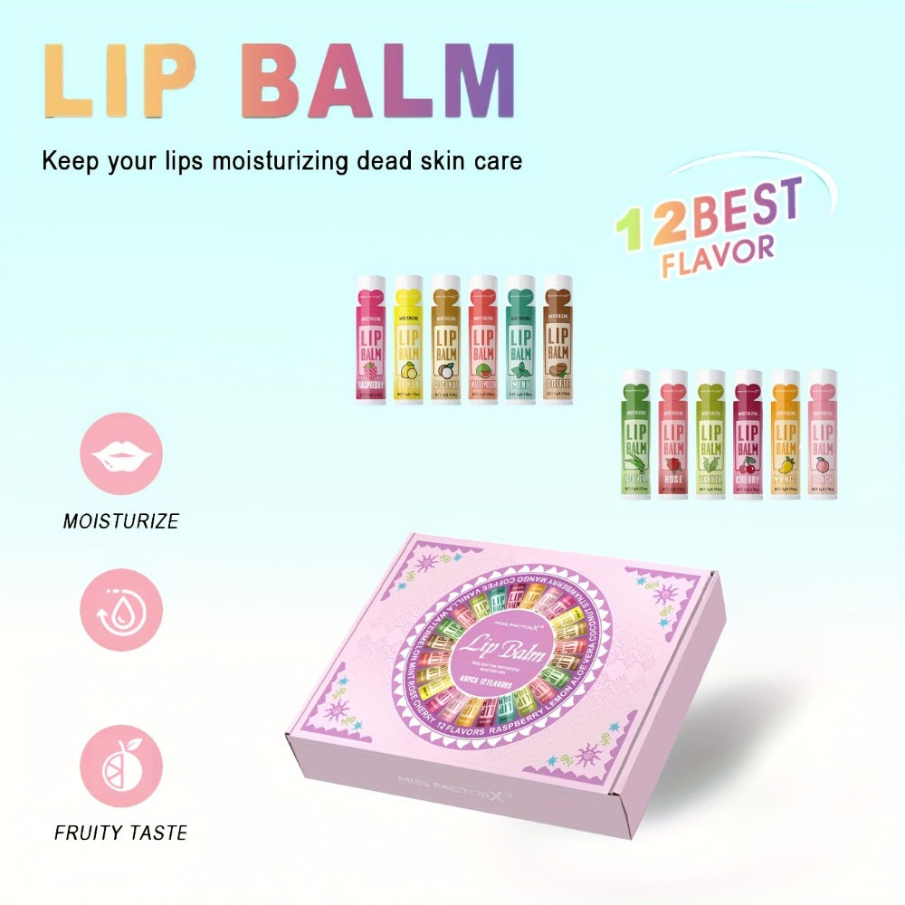 Lip Balm Gift Set 48pcs MISS FACTORX – Moisturizing Glycerin Lip Butter, Hypoallergenic Natural Finish for All Skin Types — i