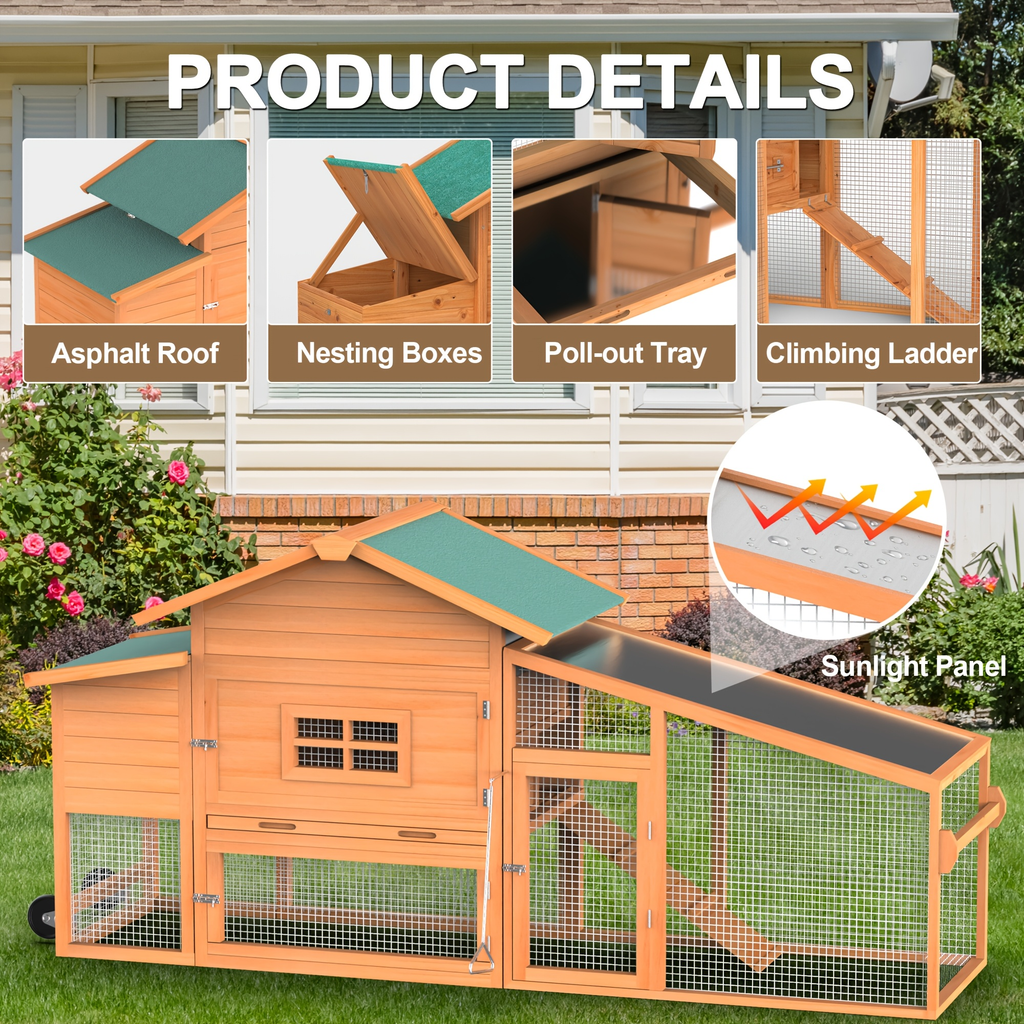 Portable Wooden Chicken Coop with Wheels, Nest Box and Wood Roof or Sunshine Board Run Option — image 16