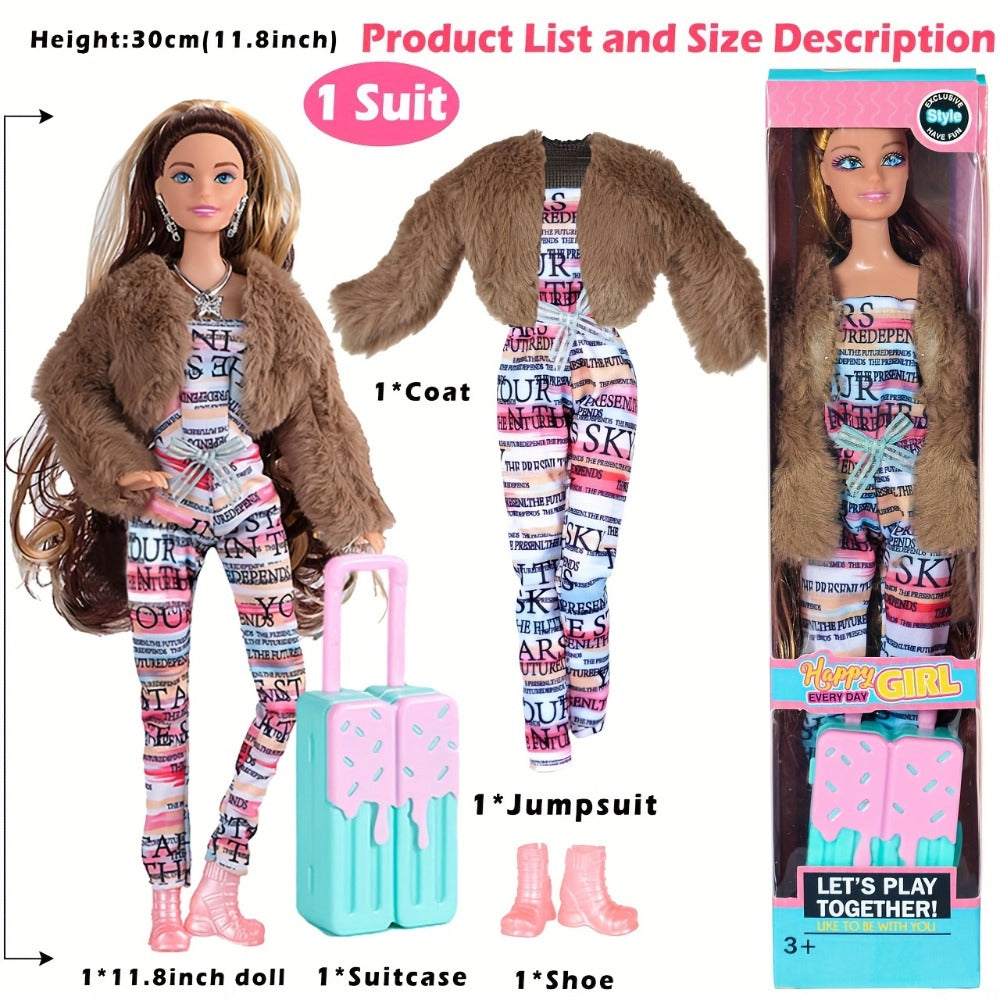 Six-Piece 11.5-Inch Fashion Doll Set with Mixed Outfits, Handbags, Hats, Necklaces and Suitcase Accessories — image 4