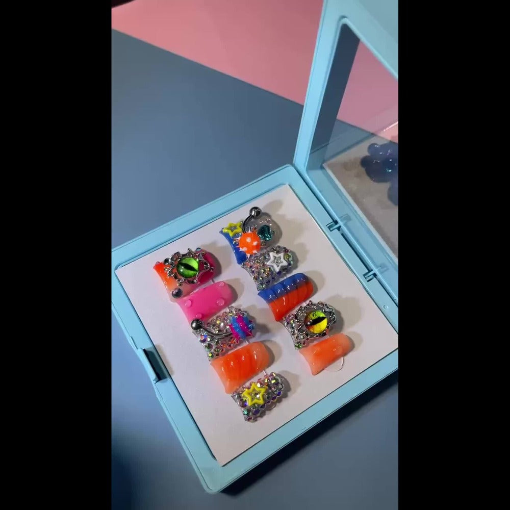 Press On Nails Handmade Y2K Duckbill Set with 3D Eye Barbell Star Rhinestone Charms and S M L Sizes — image 14