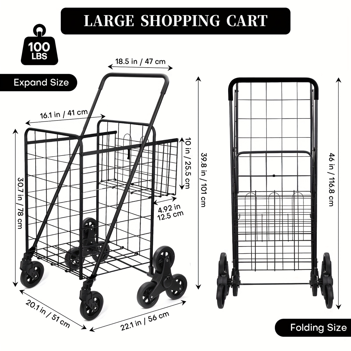 Stair Climbing Cart 8 Wheels 100 LBS Capacity Collapsible Utility Cart Foldable Grocery Dolly with Dual Basket Stainless Stee