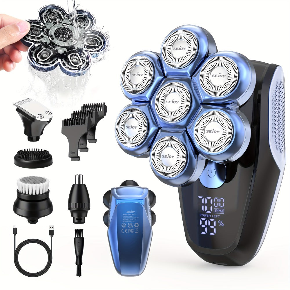 Electric Head Shaver for Bald Men 7D 7 Floating Heads – All-in-One Grooming Kit with Nose Hair Trimmer & Facial Cleaning Brus
