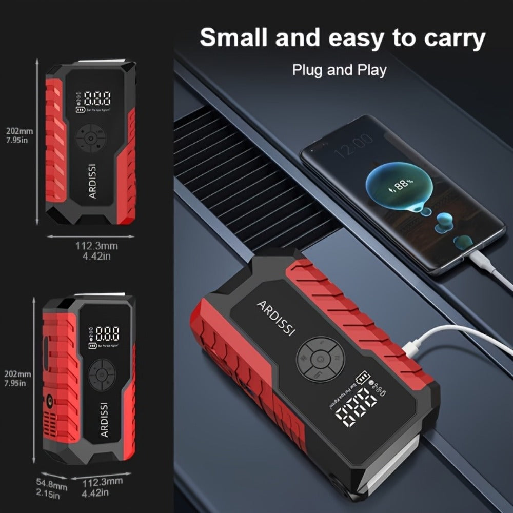 5-in-1 Jump Starter 5000A Peak – 10000mAh Power Bank, 150PSI Air Inflator, Type-C & LED Emergency Light for 12V Gas & Diesel 
