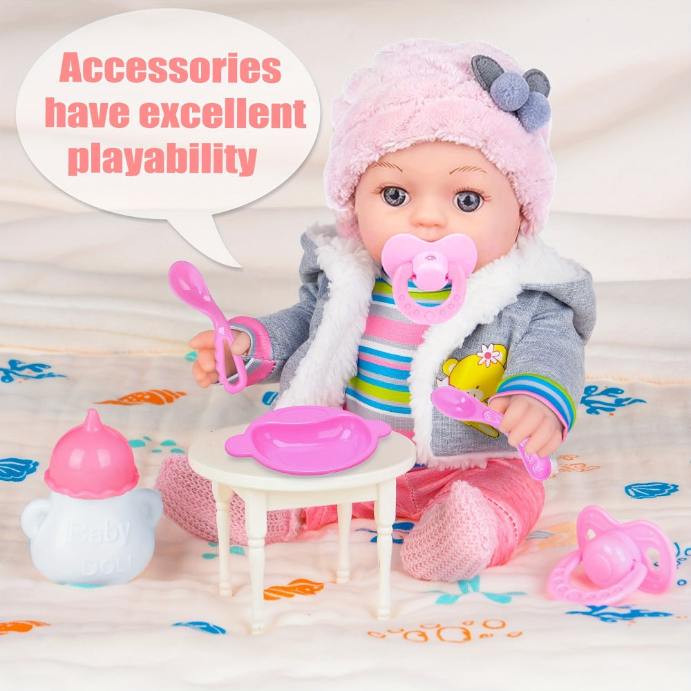 Winter Outfit Baby Doll Set 12 Inch Plush Coat Movable Limbs Clothes Socks Pacifier Bottle Utensils Nurturing Play Gift for G