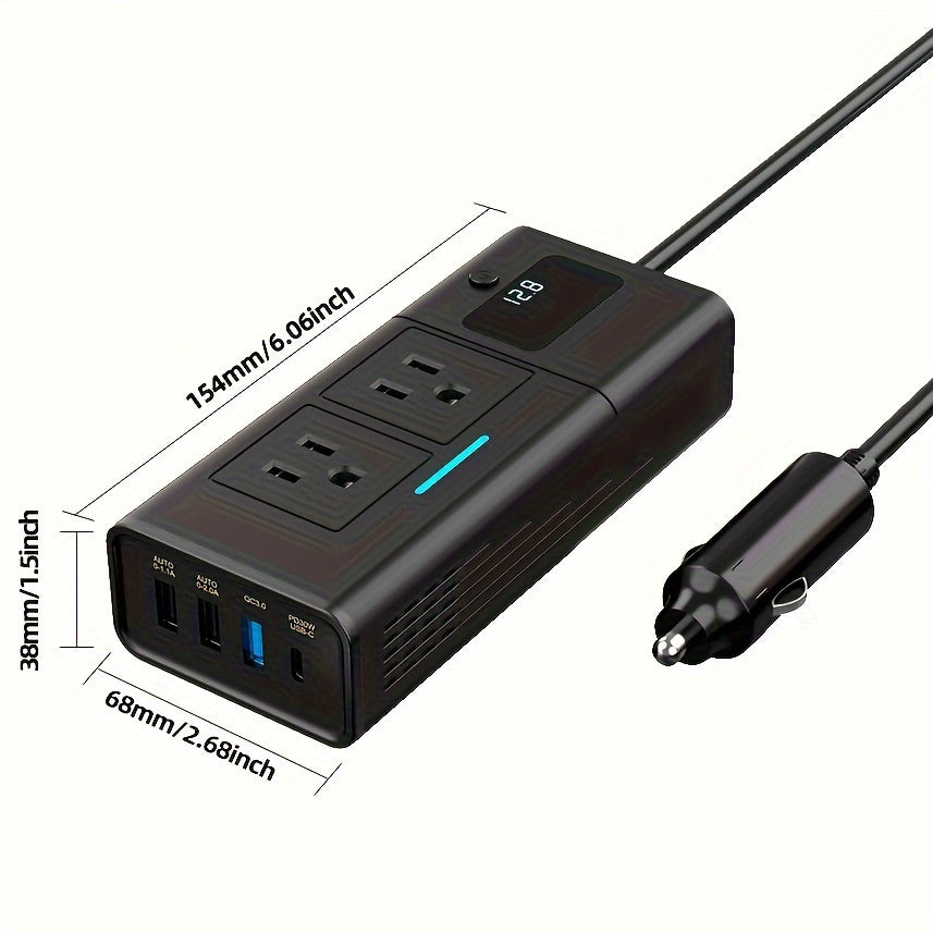 Black 200W Elongated Car Power Inverter Hub with Multiple 110V AC Outlets, USB Ports and Display — image 3