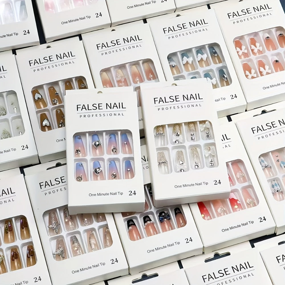 Press On Nails 216-Piece Nine-Set Random Mixed-Color Rhinestone Glossy Middle-Length Collection — image 2