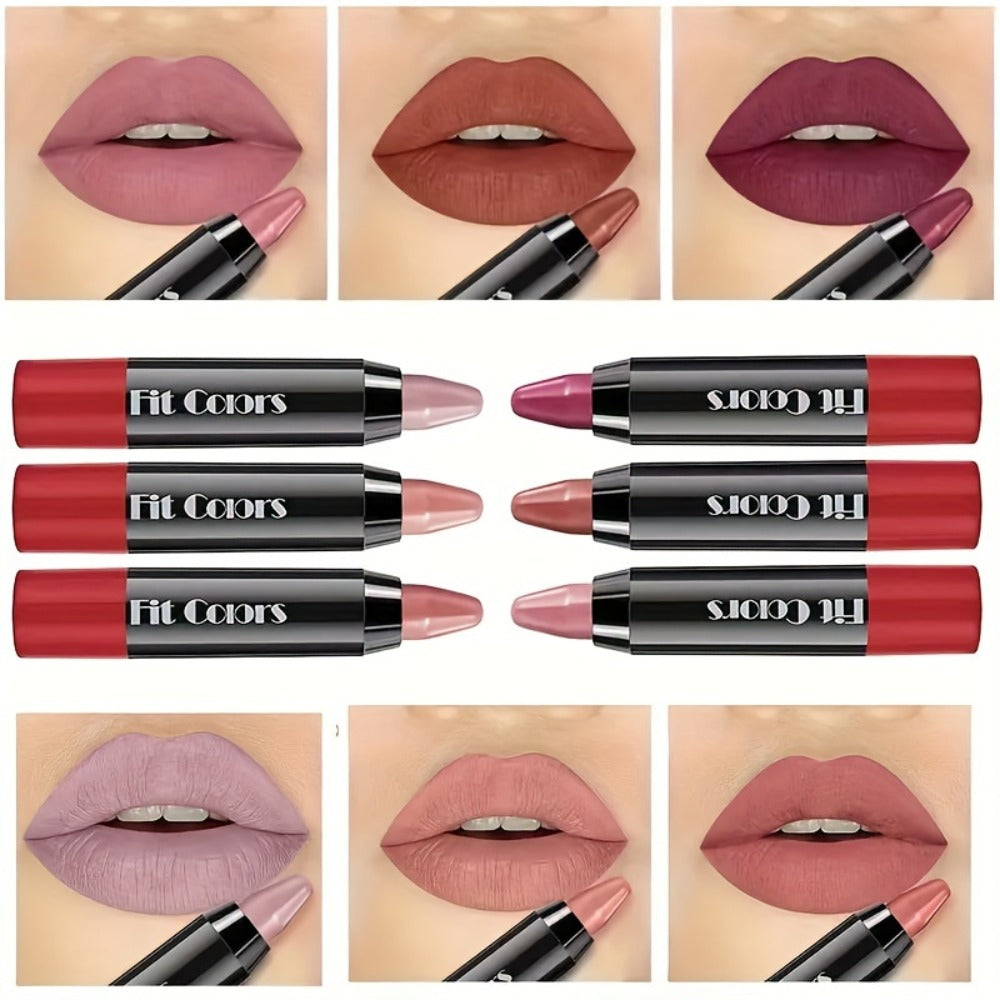 Squalane Crayon Lipstick Set 6 Pcs, Matte & Glossy Lip Pencil with Volumizing Formula, Easy Color Lip Liner for All Skin Type
