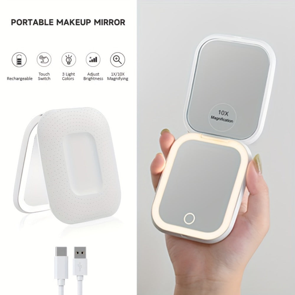 10X LED Lighted Compact Mirror USB Rechargeable 1X 10X Magnification Dimmable 3-Color Touch Screen – Double Sided Portable Tr