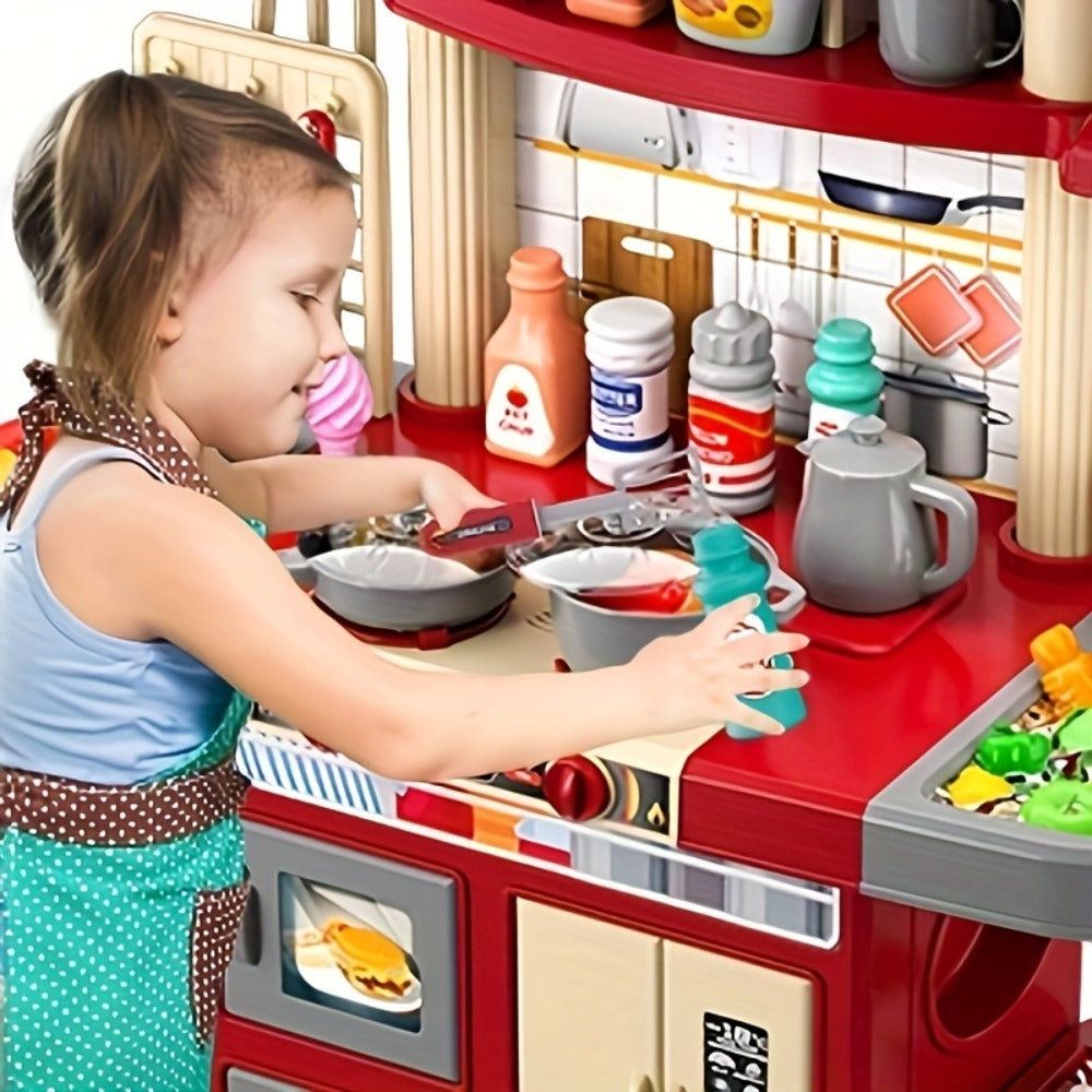 Play Kitchen Set with Lights Sounds & Spray, Toy Kitchen Playset with Oven Sink Fridge & Play Food for Kids Ages 3 4 5 6 7 8 