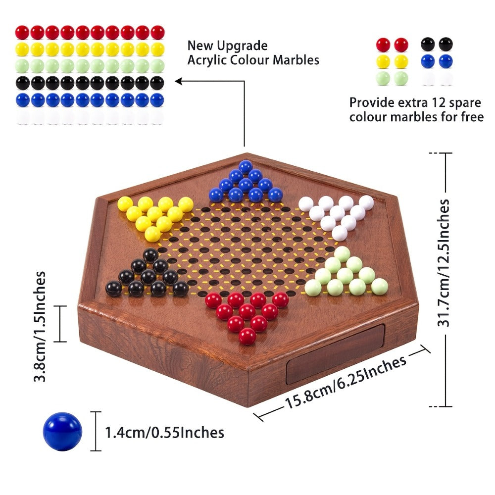 Deluxe Wooden Chinese Checkers Game Set 12.5 Inch Hexagonal Board with Storage Drawer 60 Acrylic Marbles — image 2