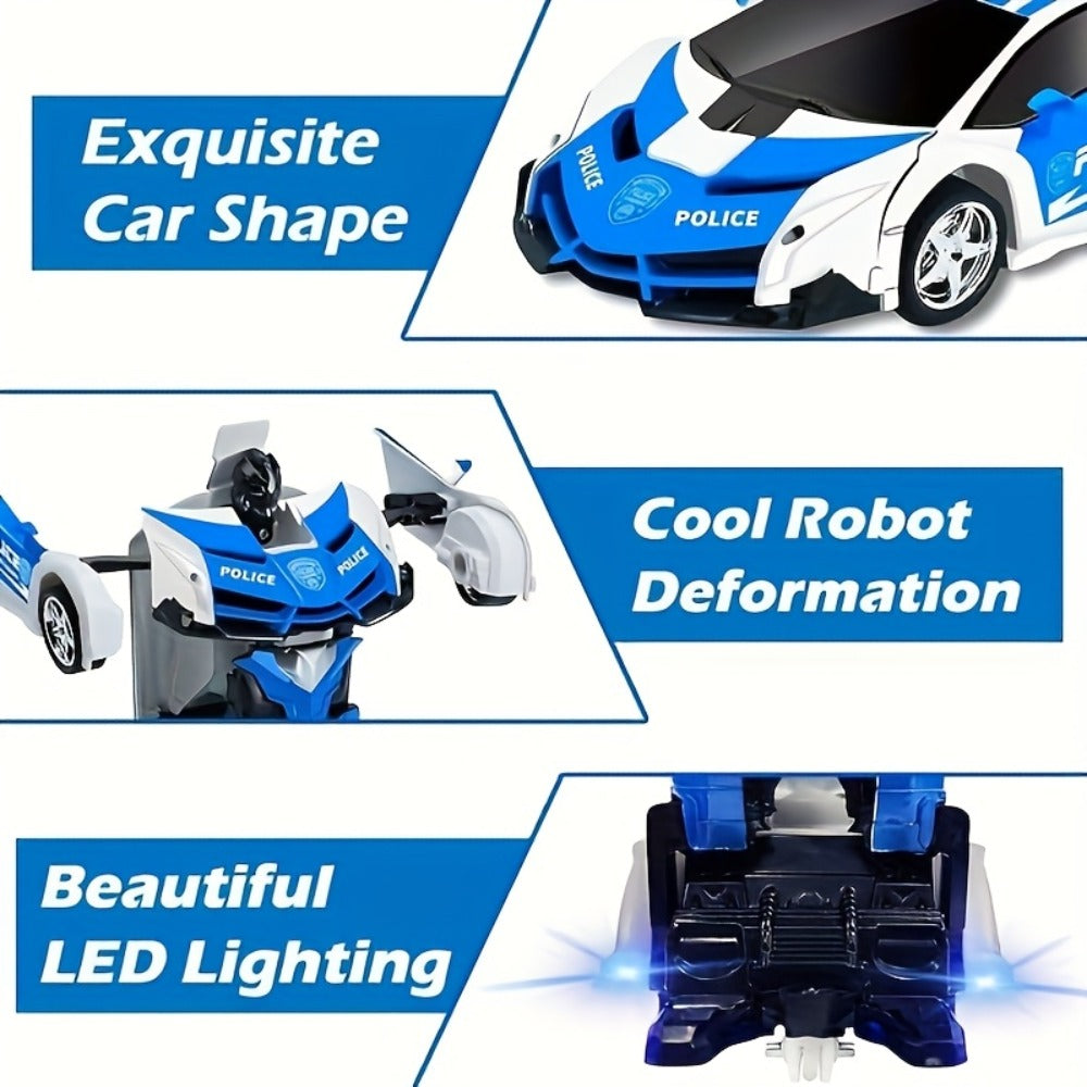 Remote Control Car, 1:18 Transforming Robot Model with Police or Spider Theme, One-Button Change, LEDs and 360° Drift — image
