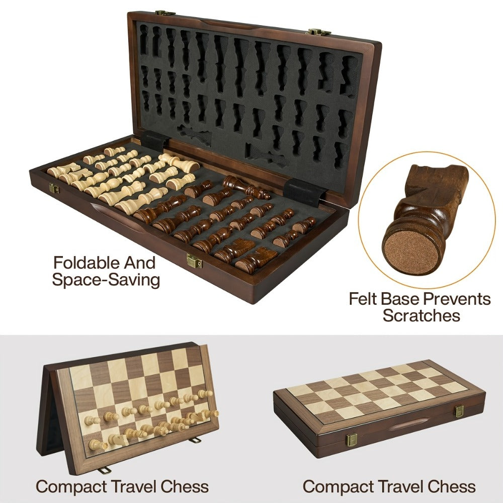 Magnetic Wooden Chess Set 15 Inch – Folding Portable Chessboard with Handmade Pieces, Tournament & Travel Chess Game for Adul