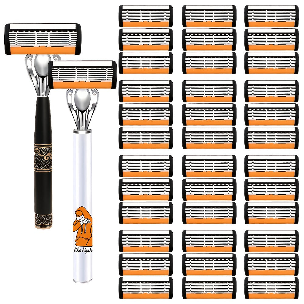 6-Layer Blade Men's Razor Set with Lubricating Strip 2 Handles & 36 or 72 Replacement Blades – Smooth Close Shave Contour-Fit