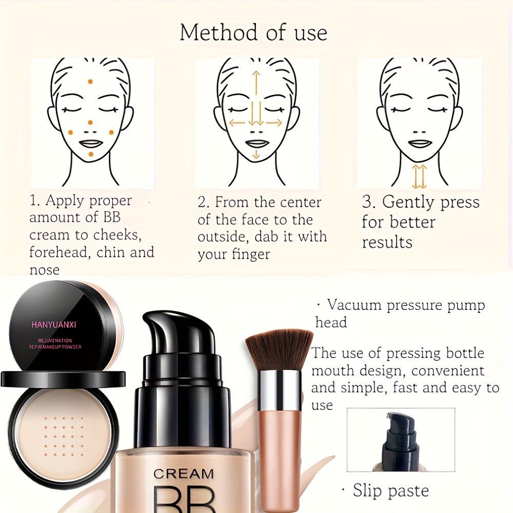 BB Cream Makeup Kit with Loose Setting Powder Brush & Sponge – Full Coverage Waterproof Long-Lasting Hydrating Foundation Set
