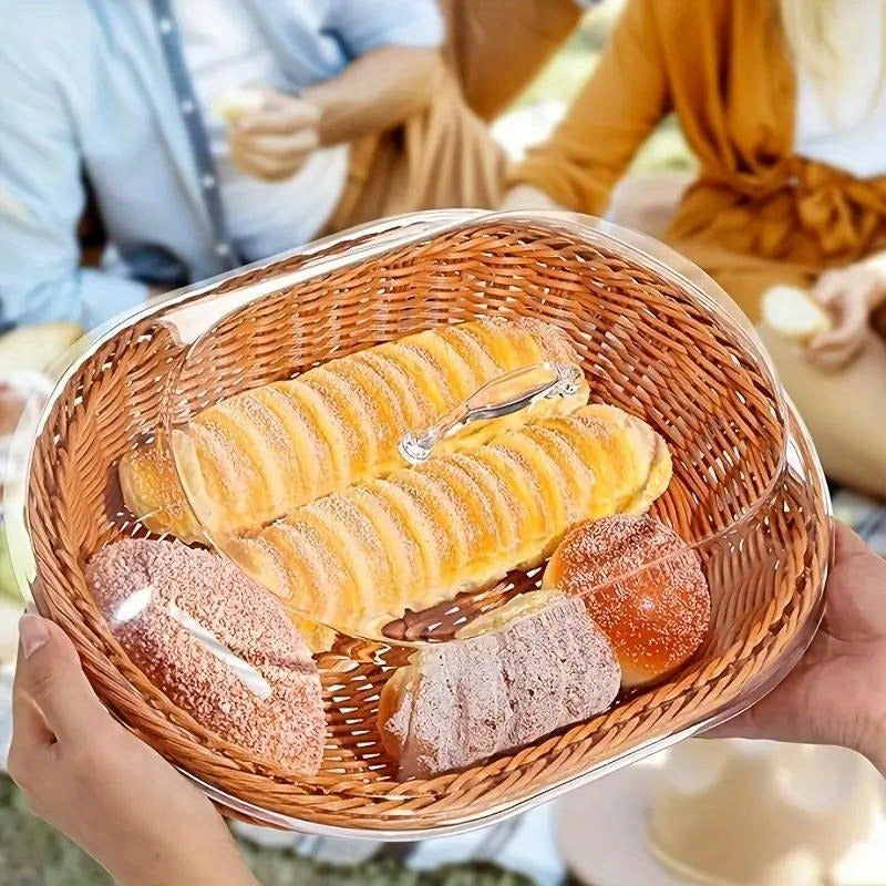 Wicker Bread Basket with Clear Acrylic Lid Rattan Storage Basket Washable Food Tray for Bread Fruit Desserts Kitchen Picnic H
