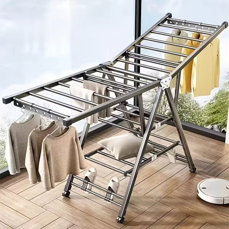Foldable 3-Tier Clothes Drying Rack with Wheels and Shoe Rack