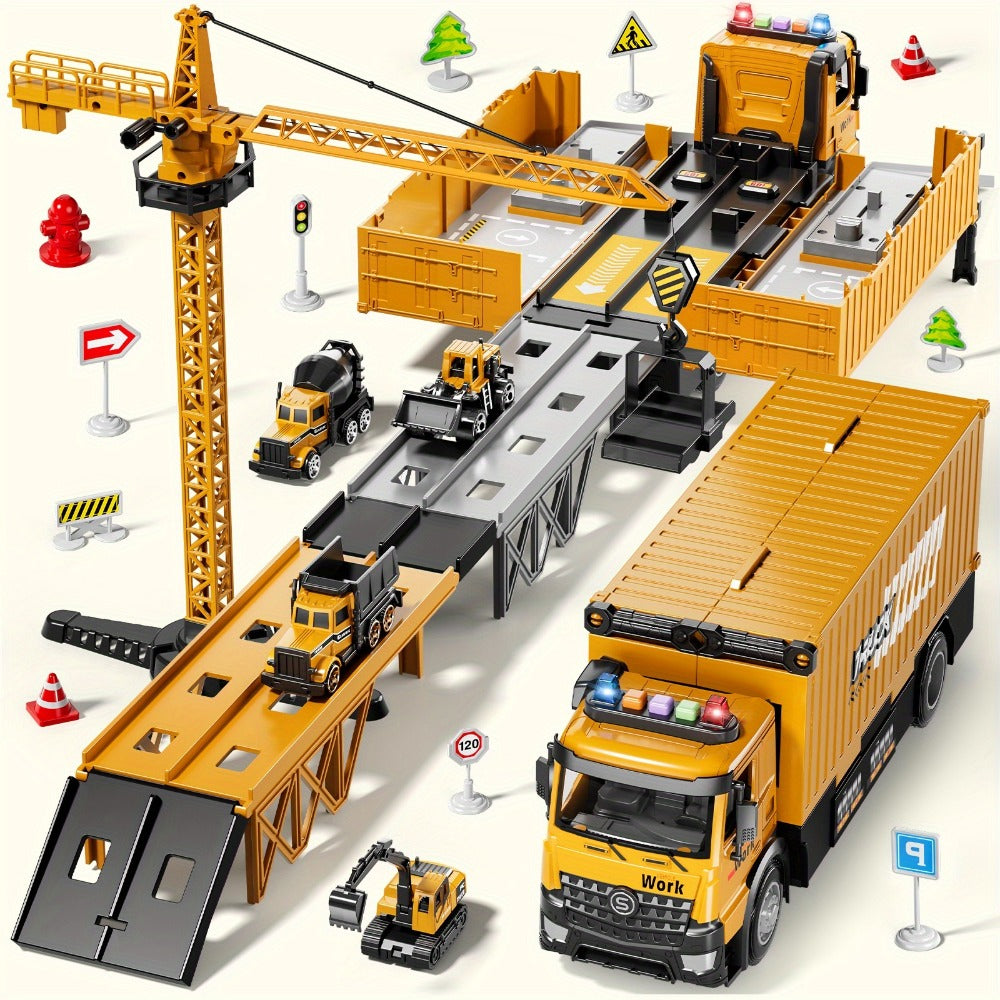 Construction Vehicle Container Truck Toy Set with Crane & Foldable Double Race Track, 4 Alloy Trucks — image 1