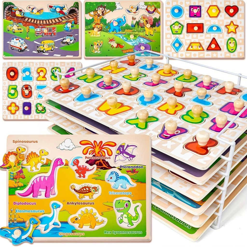 Six-Board Wooden Peg Puzzle Set with Metal Storage Rack and Scene or Animal Theme Checkout Options — image 18