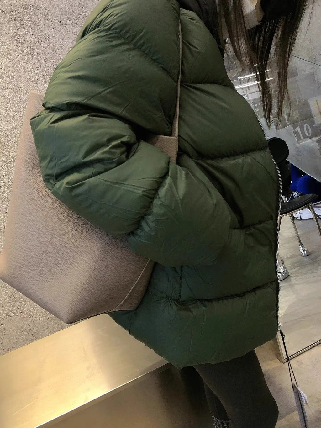 Warm Dark Green Collarless Cotton Coat Jacket Women
