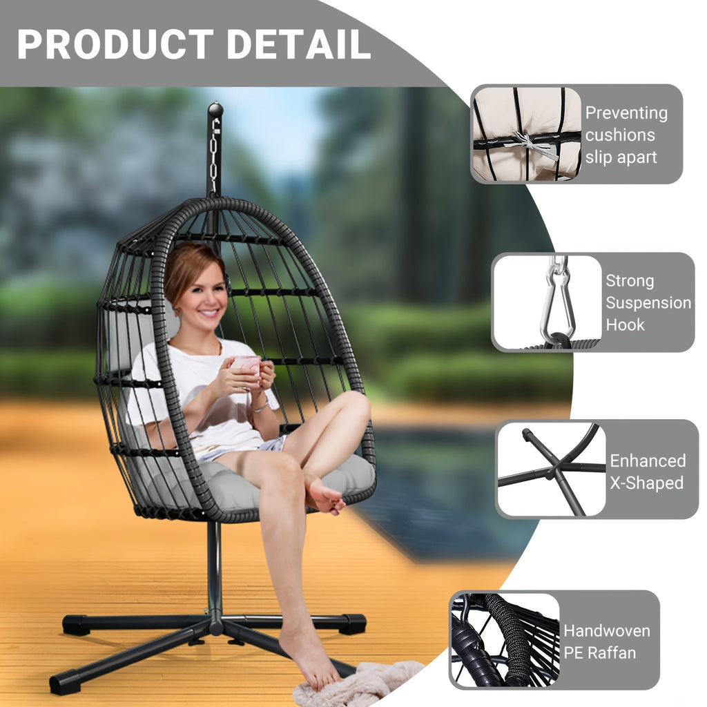 Outdoor Egg Chair with Stand Rattan Wicker Hanging Swing Hammock Chair Thickened Aluminum Frame UV-Resistant Cushion 350LBS C