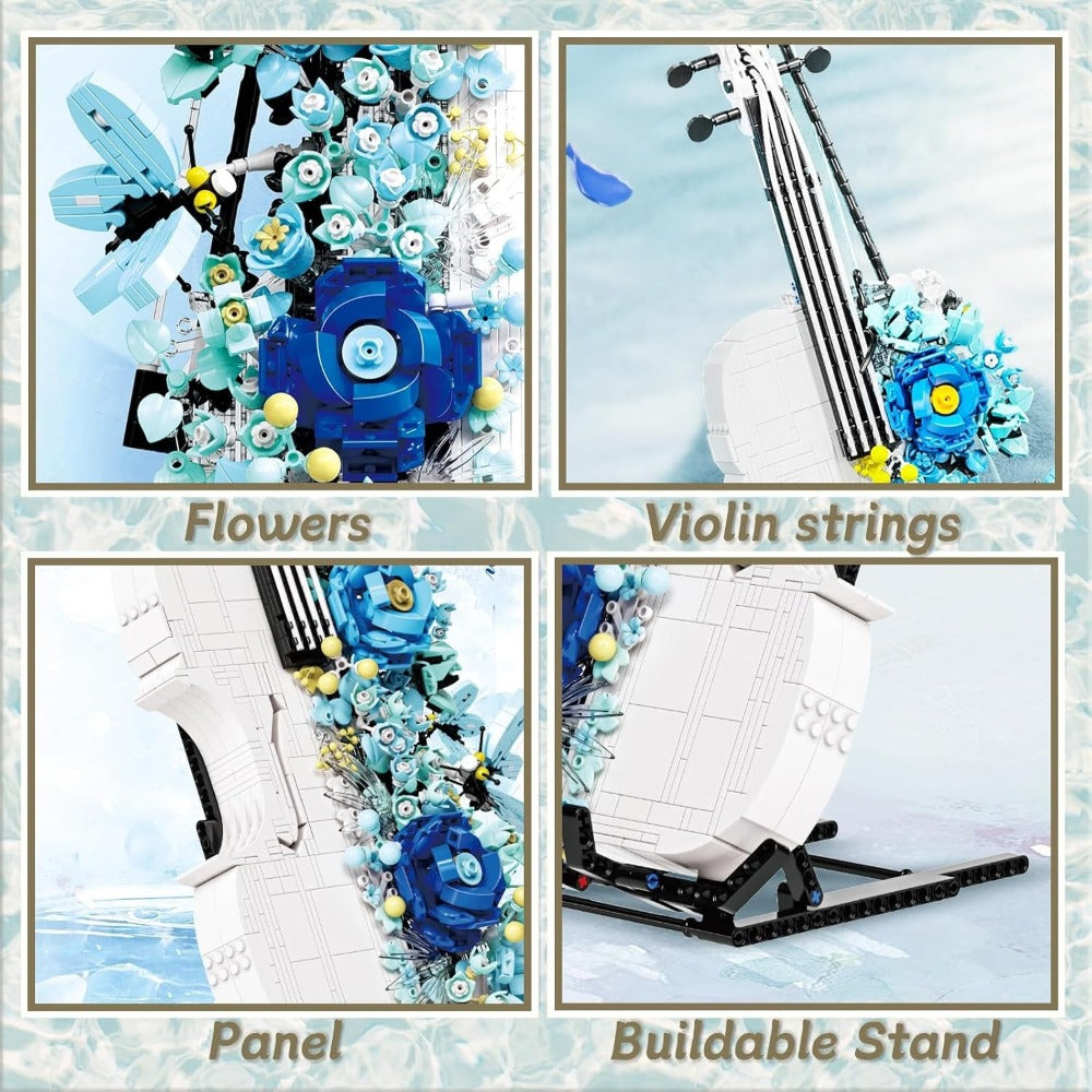 1419-Piece Flower Violin Building Block Model with Brick-Built Stand, Blue Blooms and Panel Detail — image 6