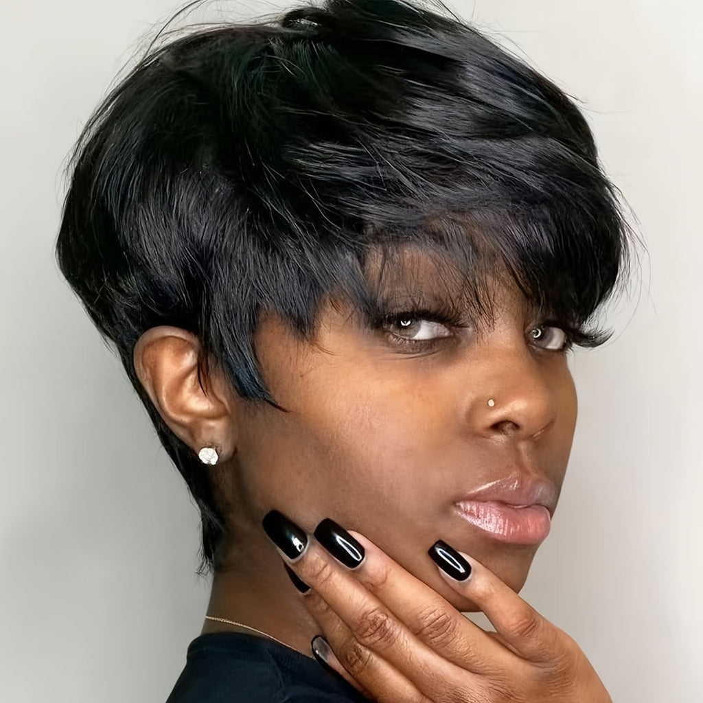 Brazilian Human Hair Pixie Cut Wig 150% Density Short Straight Machine Made Rose Net Cap Glueless Natural Black 4 Inch | Begi