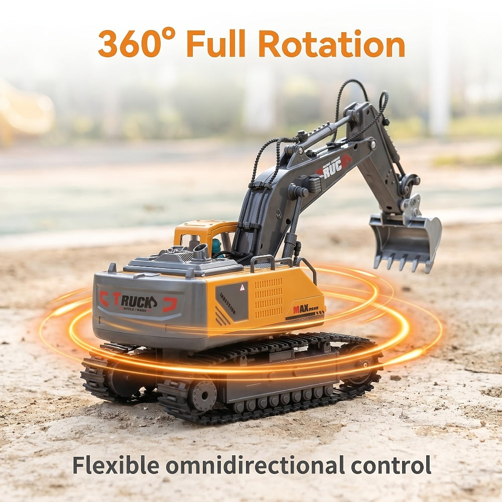 RC Excavator Toy for Kids Track Type 2.4GHz, 1200mAh Rechargeable Remote Control Construction Truck with Metal Shovel & LED L