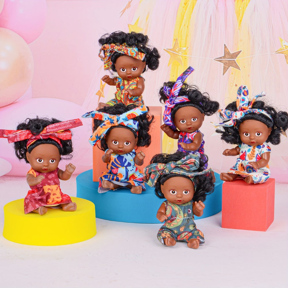 Miniature Girl Doll Set 6 Pcs 4 Inch Articulated Arms & Legs, Colorful Outfits Printed Headscarf — image 6