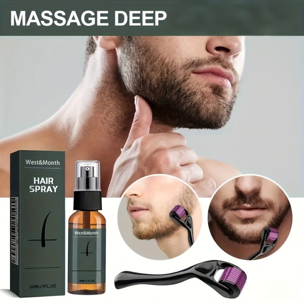 Beard Growth Spray Kit for Men 30ml Ginseng Ginger Extract Beard Moisturizer with 0.25mm Microneedle Derma Roller for Fuller 