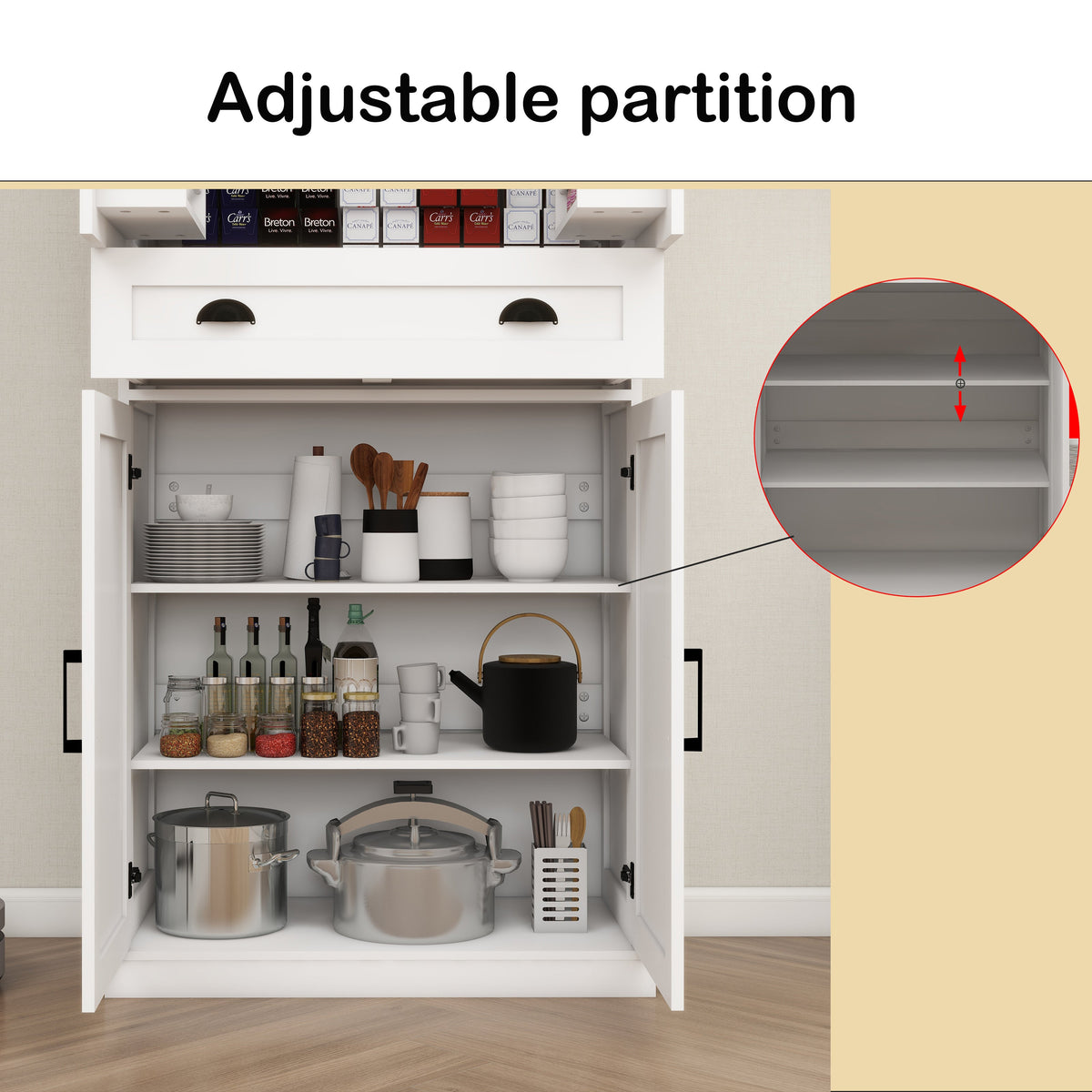 71" Kitchen Pantry Storage Cabinet with 4 Doors(2Doors with Racks)1 Drawer 2 Adjustable Shelves Freestanding Cupboard