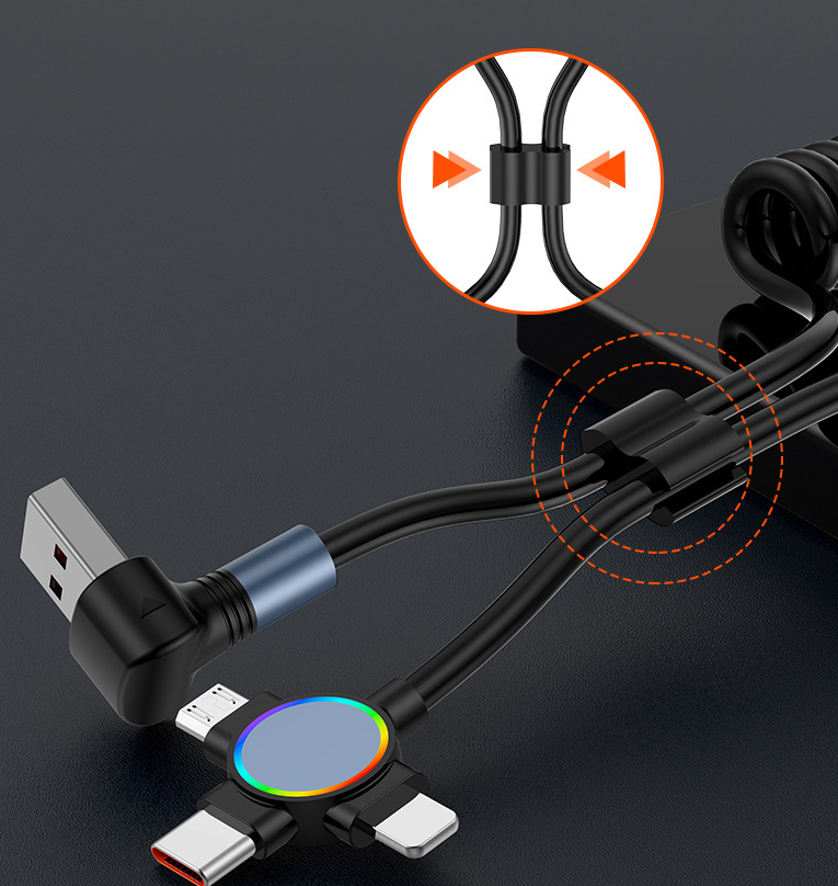 Three in one spring data cable suitable for Huawei Apple 15 Android Carplay streaming light car retractable fast charging cable