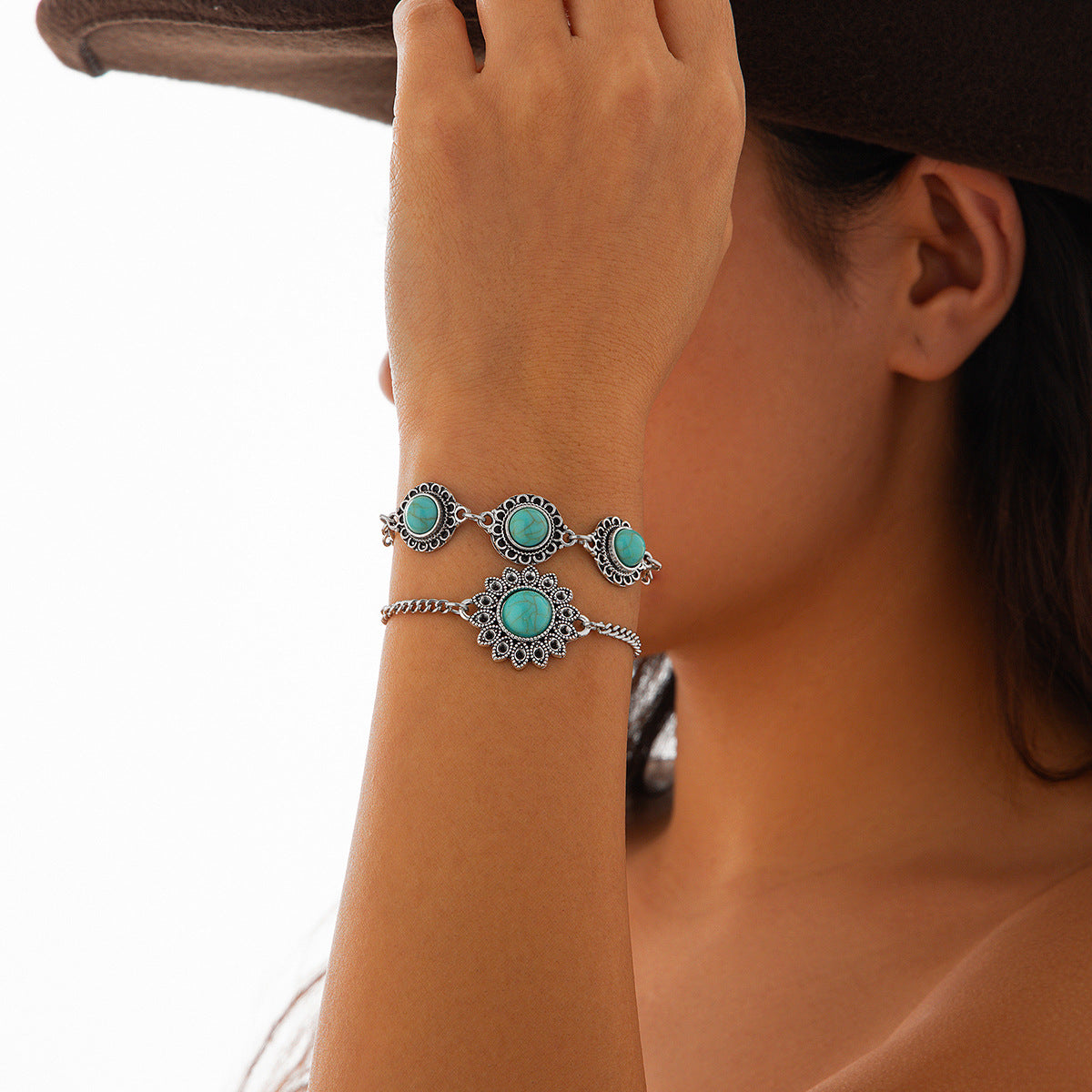 Ethnic style retro alloy turquoise bracelet Bohemian artistic bracelet set for women