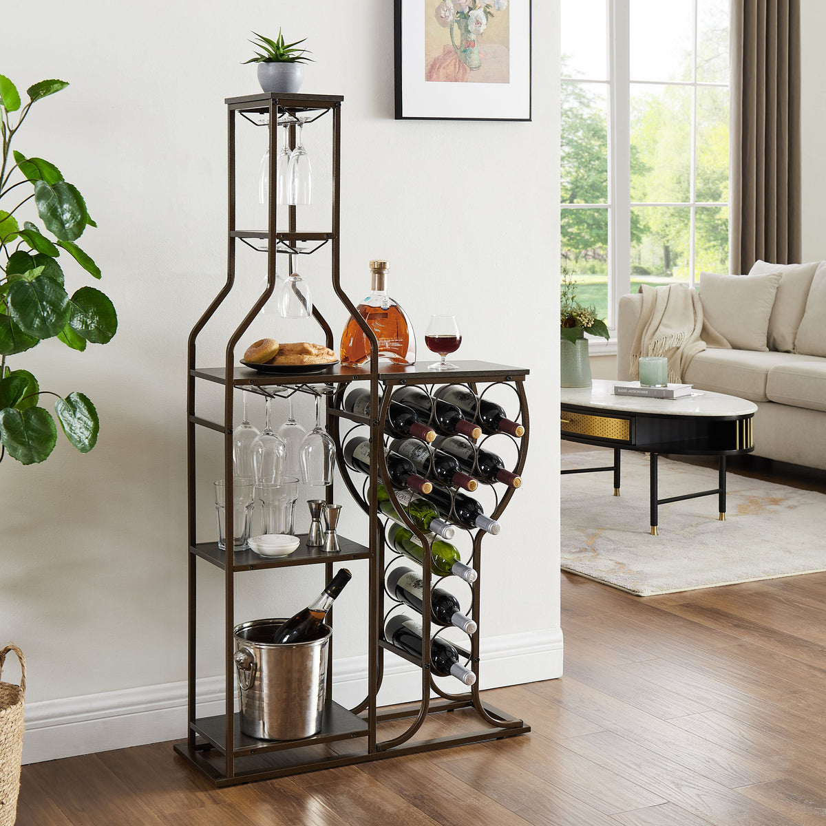 Grey 11 bottle wine grill, 5-layer independent wine rack, with hanging glass rack and storage rack for home wine storage