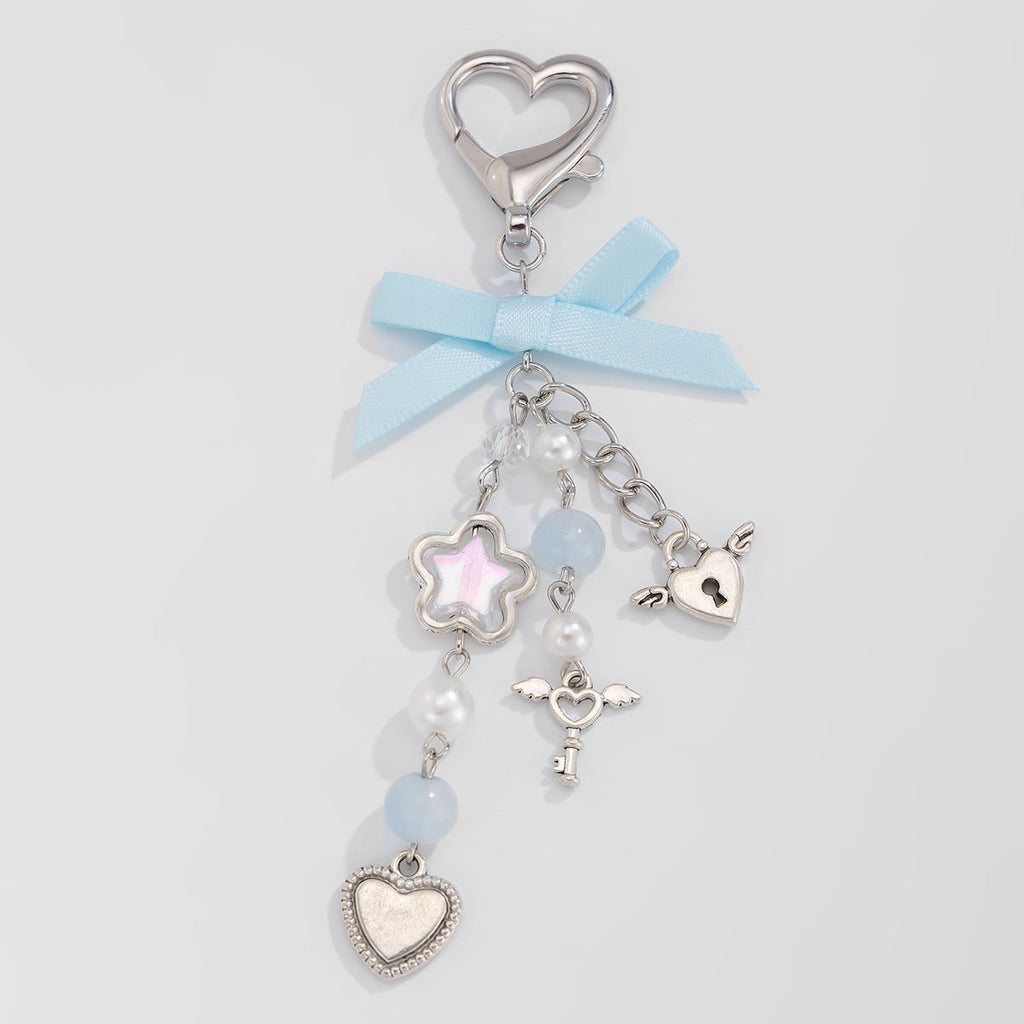 Little Fresh Love Bow Ribbon Keychain Sweet Wind Imitation Pearl Alloy Pendant
