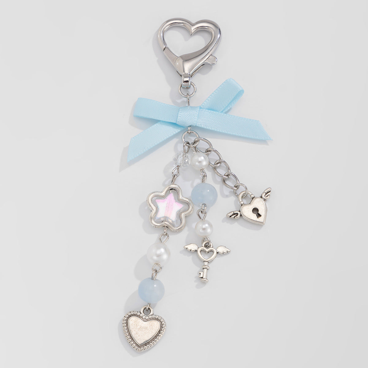 Little Fresh Love Bow Ribbon Keychain Sweet Wind Imitation Pearl Alloy Pendant