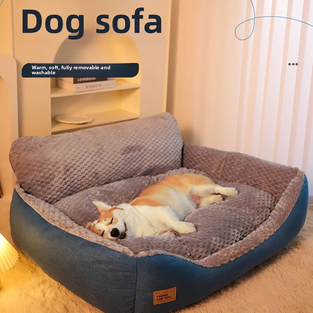 Blue-Gray Dog Bed Couch with Raised Back and Side Bolsters in Four Sizes, Plus One Random Cat Teaser — image 14
