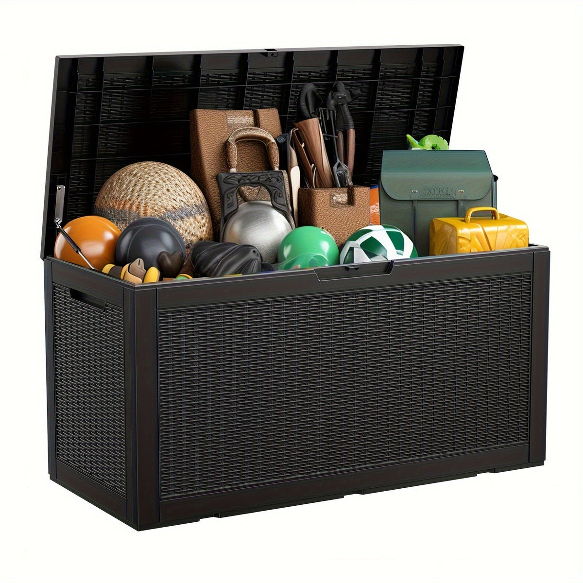Large Gray Rattan-Look Outdoor Storage Box with 110-Gallon Pictured Capacity, Handles and Hinged Lid — image 2