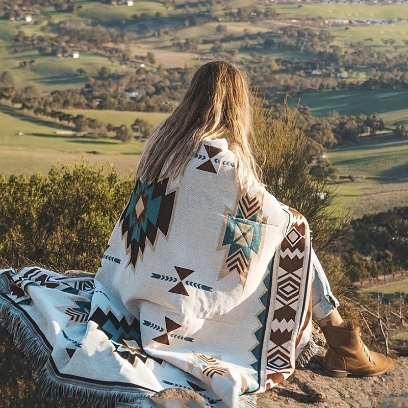 Woven Picnic Blanket with Cream Geometric Bohemian Pattern and 35.43 x 70.86 or 51.18 x 70.86-Inch Sizes — image 3
