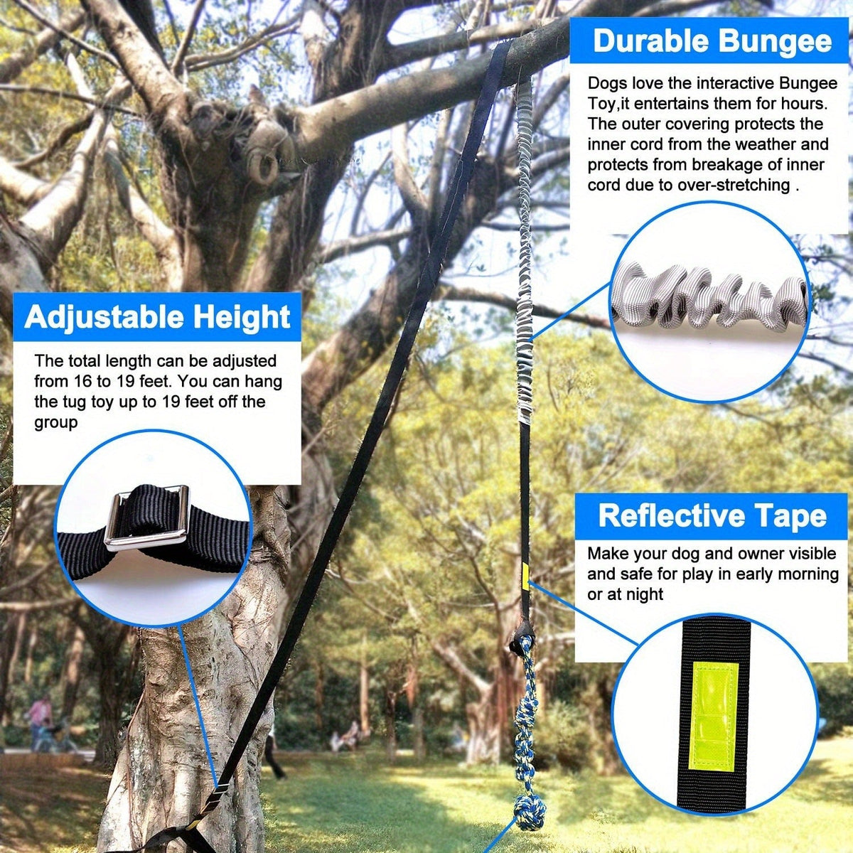 Dog Toy Outdoor Hanging Bungee Tug with Adjustable 19.7-Foot Elastic Cord, Soft Loop and Chew Rope — image 4