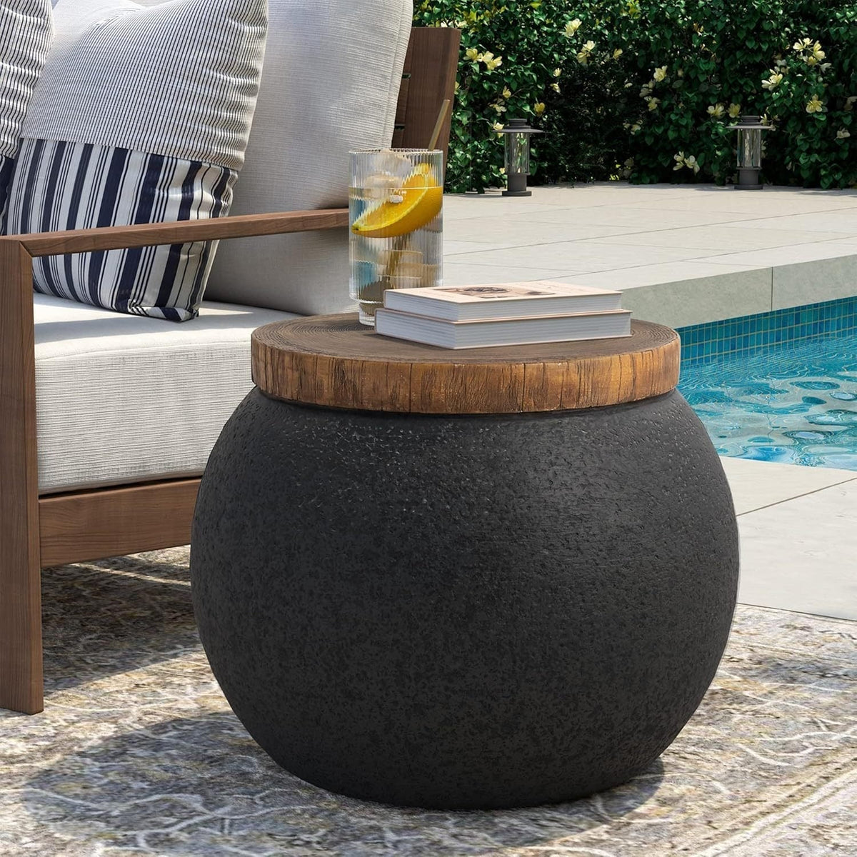 Outdoor Side Table 17-Inch Concrete Design with Wood-Look Top in Black, Hourglass and Compact Options — image 4