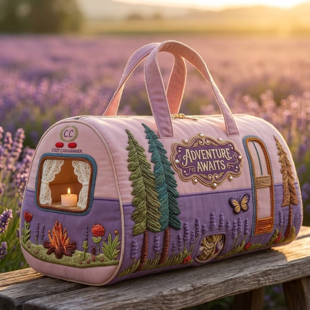 Camper Motif Quilted Travel Tote Bag with Zippered Top, Lavender Handles and 16 x 8 x 8-Inch Checkout Size — image 2