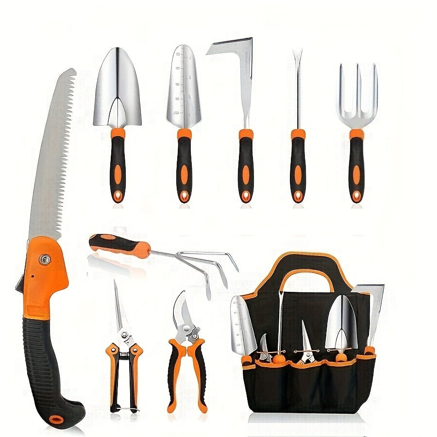Garden Tool Set 10-Piece | Heavy Duty Stainless Steel Trowel Pruner Rake Weeder with Tote Bag | Ergonomic Non-Slip Grip Garde