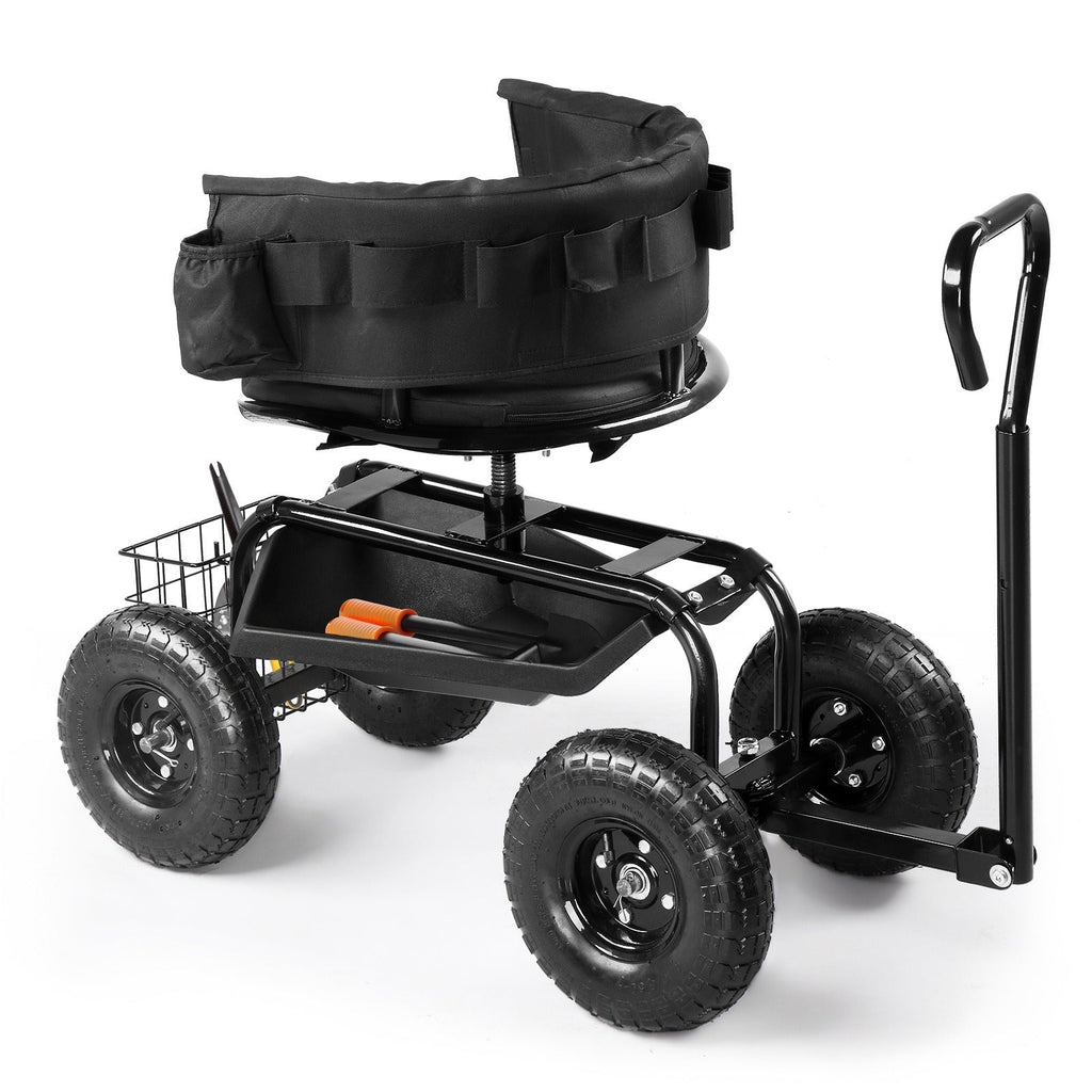 Rolling Garden Seat Cart, Backrest, Cushion, Telescopic Handle & Storage Basket, Steel Frame — image 3