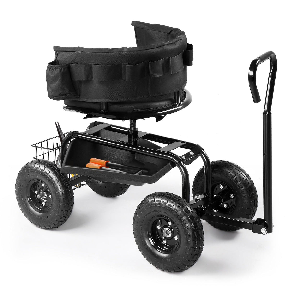 Rolling Garden Seat Cart, Backrest, Cushion, Telescopic Handle & Storage Basket, Steel Frame — image 3