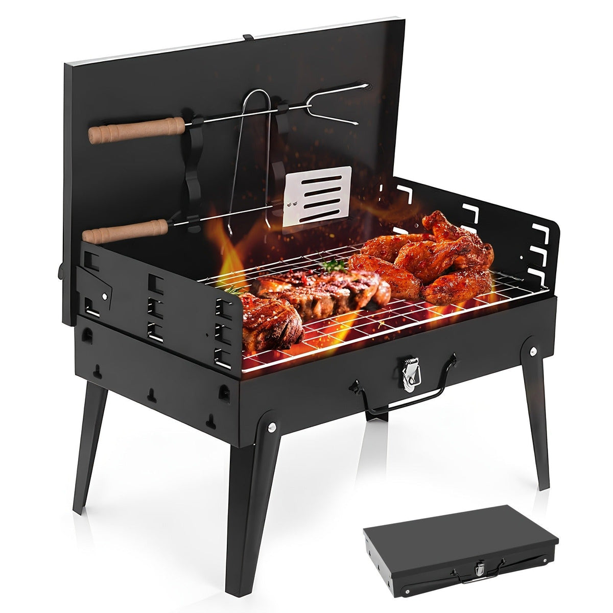 Charcoal Grill Portable BBQ with Hood – Foldable Compact Outdoor Barbecue Grill for Camping Tailgating Picnic Backyard Cookou