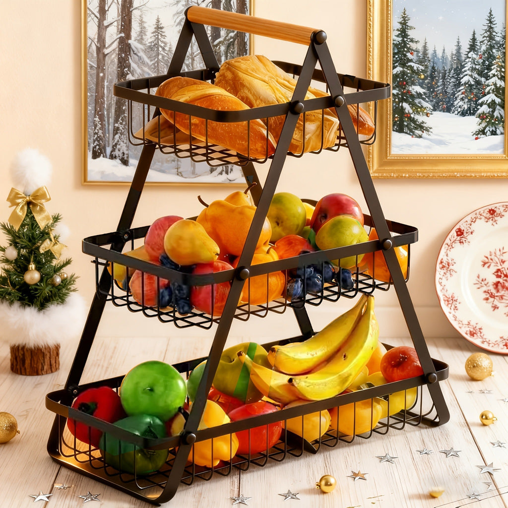 Fruit Basket Kitchen Organizer 2 or 3 Tier Metal Stand with Removable Wooden Handles for Countertop — image 3