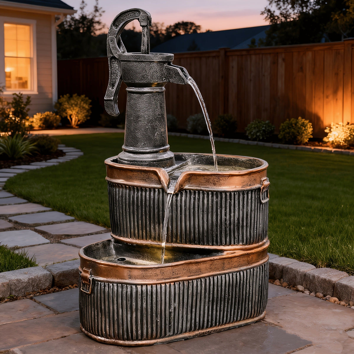 Outdoor Water Fountain 2-Tier Barrel with LED Light & Pump - Rustic Resin Garden Fountain for Patio — image 4