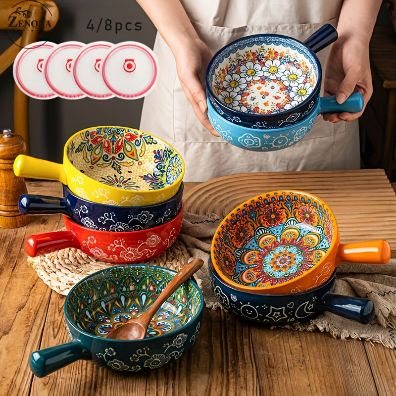 Ceramic Bowl Set with Lids 8-Piece Bohemian Soup Noodle Salad Bowls, for Home Cooking, Dining and Outdoor Meals — image 3